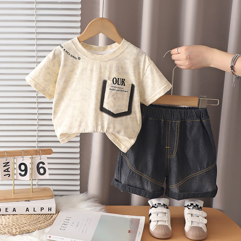 Boys' Outfit 2026 New Style Children's Letter Pocket Short Sleeve Korean Version Baby Summer Thin Two-Piece Set Trendy