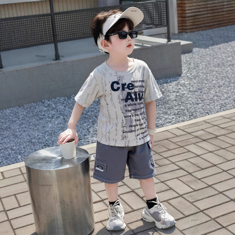 Boys' Summer Short-Sleeve Set 2026 New Stylish Baby English Clothes Trendy Casual Two-Piece Outfit for Little Boys