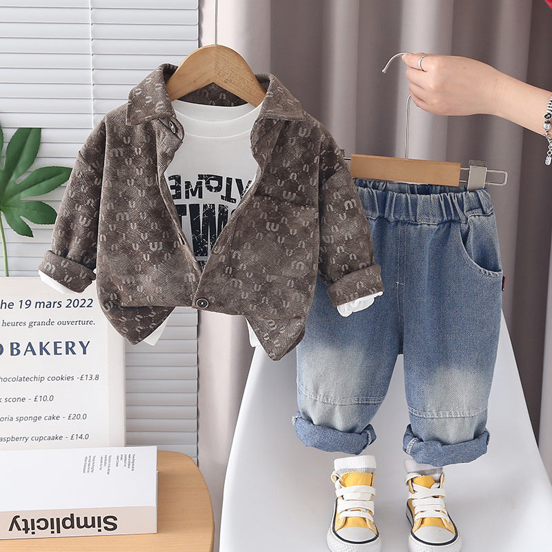 Boys' Outfit 2026 New Style Baby Furry Letter Cardigan Three-Piece Set Infant Children's Spring and Autumn Fashion Clothing
