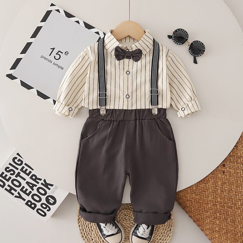 Boys' Autumn Outfit 2026 New Fashionable Baby Spring/Autumn Stylish Vertical Striped Overalls Two-Piece Set Trendy Wholesale