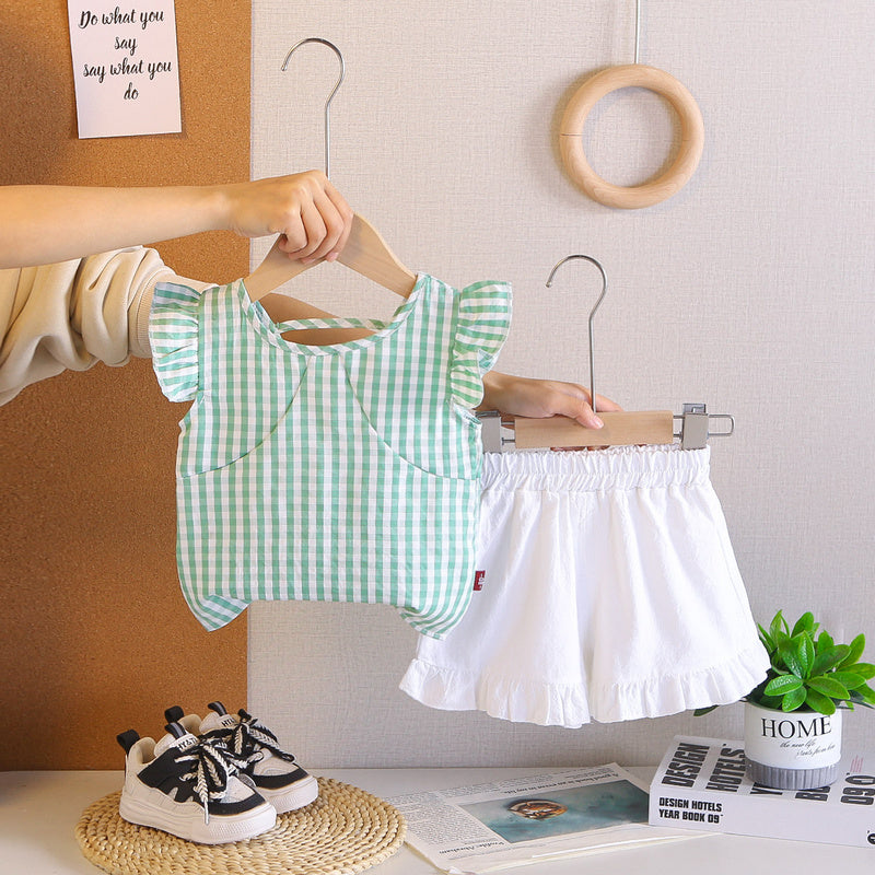 Girls' 2026 New Fashionable Children's Clothing, Flutter Plaid Short Sleeve Shorts, Baby Girl Summer Outfit