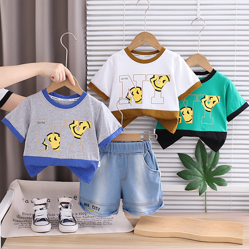 Boys' Short-Sleeve Outfit 2026 New Fashionable Children's Letter Print Big Smiley Face Baby Summer Color-Block Trendy Clothes
