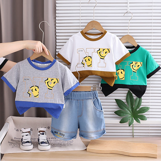 Boys' Short-Sleeve Outfit 2026 New Fashionable Children's Letter Print Big Smiley Face Baby Summer Color-Block Trendy Clothes
