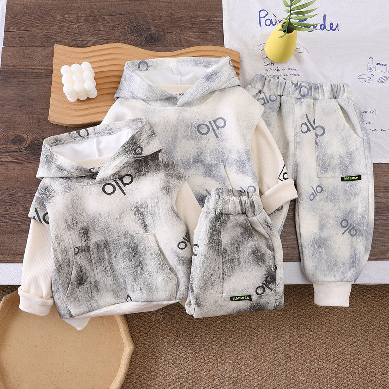 Boys' Autumn Casual Outfit, New Spring-Autumn Hooded Vest Three-Piece Set with Full Print for Infants and Children