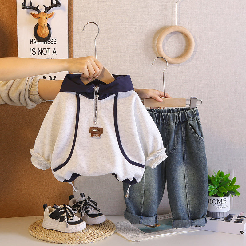 Boys' Outfit 2026 New Children's and Autumn Color-Block Sweatshirt Two-Piece Set Stylish Baby Spring Clothes