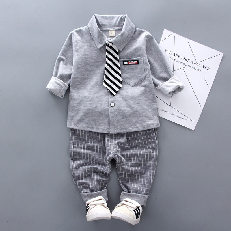 Trendy autumn outfits small medium-sized boys, new two-piece set with tie and shirt for boys aged 1-2-3 years, wholesale