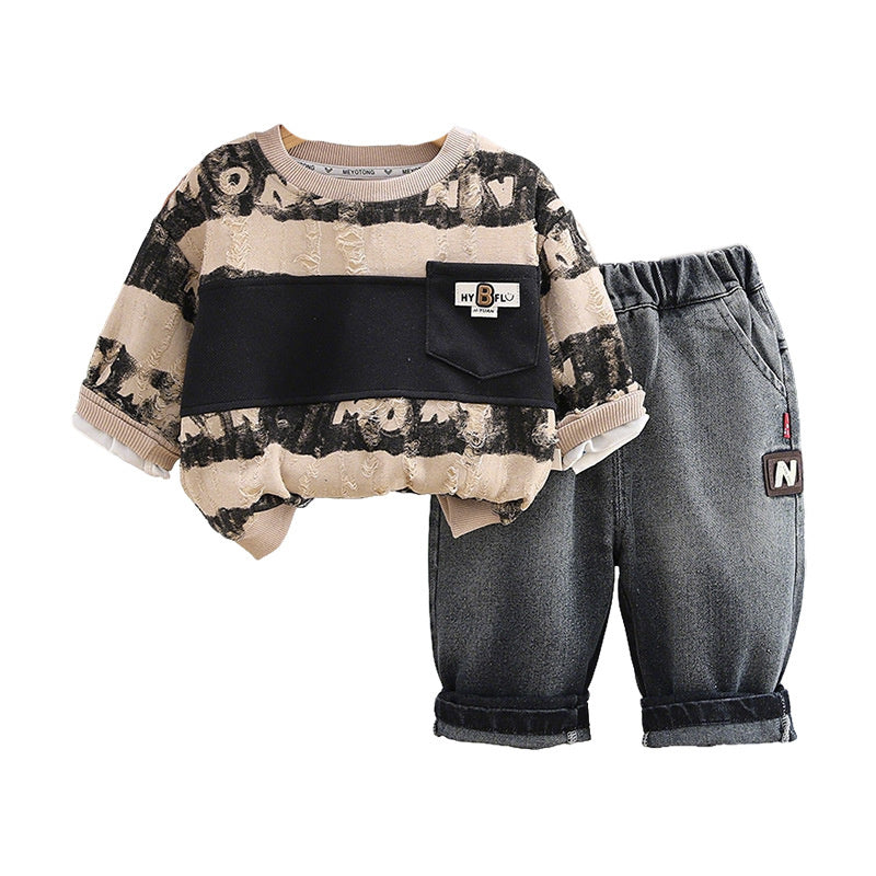 Baby Boy Spring Outfit 1-3 Years Old 4 Korean Style Striped Ripped Sweatshirt Two-Piece Set 2 Boys Toddler Infant Clothes