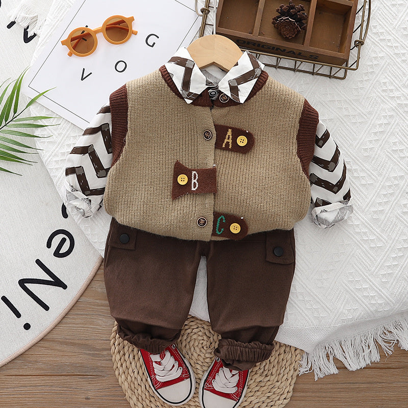 2024 Korean Version Autumn New Shirt 1-5 Years Old Boys Stylish Sweater Vest Casual Three-Piece Set One Piece Dropshipping