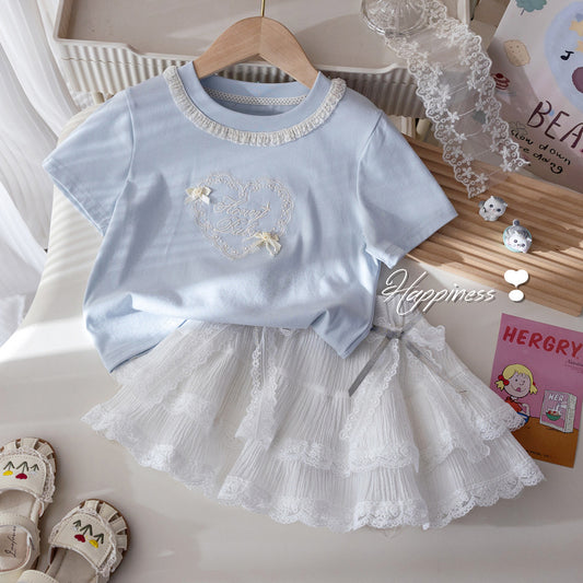 Children's Summer Outfit Girls' Short Sleeve T-Shirt Round Neck Top Lace Cake Skirt Stylish Kids' Two-Piece Set