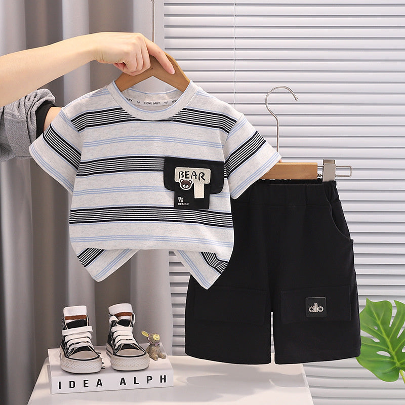 Boys' Summer Outfit 2026 New Style: Toddler Striped Short Sleeve Shirt with Pocket Shorts Two-Piece Set, Trendy and Stylish for Babies