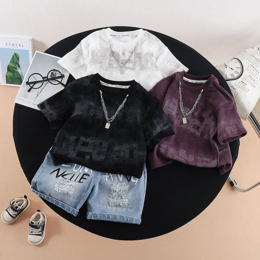 Boys' Summer Outfit 2026 New Baby Chain Hole Letter Short Sleeve Two-Piece Set Infant Clothes