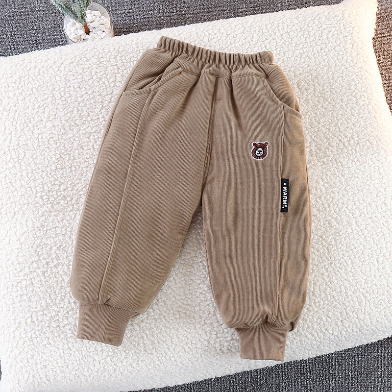 Side Label Bear Head Cotton Thickened Baby One-Piece Boys' Winter Quilted Casual Pants Trendy