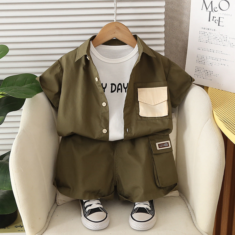 Boys' Short-Sleeve 2026 New Summer Outfit Baby Stylish Korean Version Children's Double-Pocket Shirt Three-Piece Trendy Set