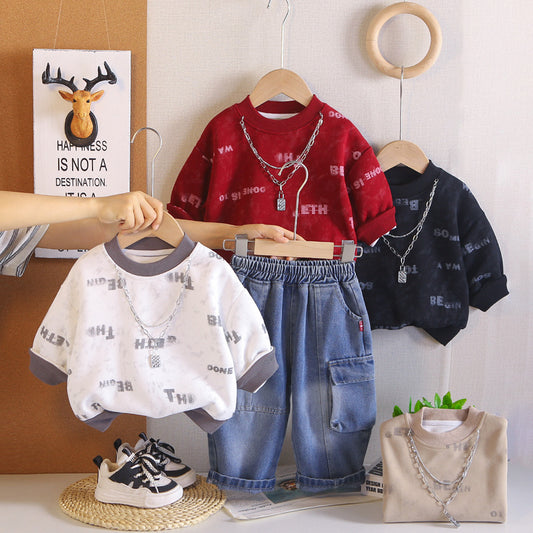 Boys' Spring Autumn Outfit 2026 New Style Baby Casual Round Neck Necklace Sweatshirt and Pants Two-Piece Set for 1-3-5 Years Old Trendy