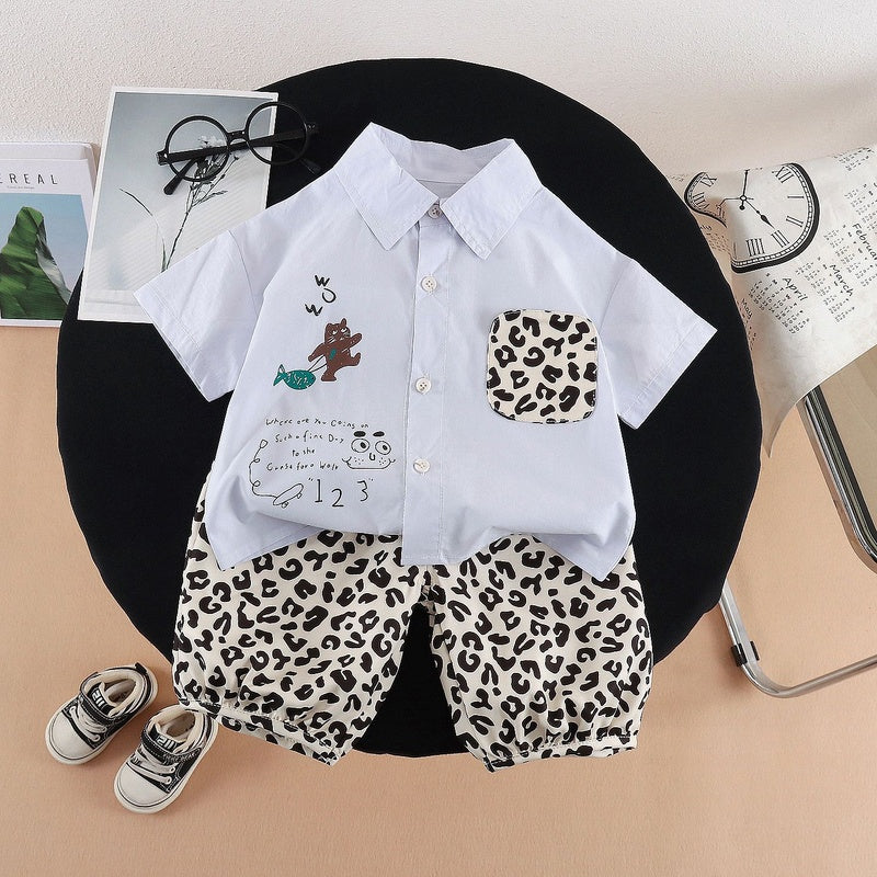 Baby boy outfit, stylish children's clothing for 1-3 year old boys, summer shirt with leopard print short sleeves, two-piece trendy set
