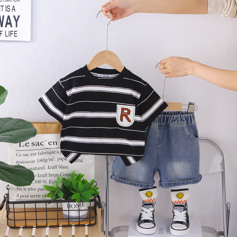 Children's Summer Outfit 2026 New Korean Style Boys' Striped Letter Print Round Neck Short Sleeve Shorts Two-Piece Set Trendy