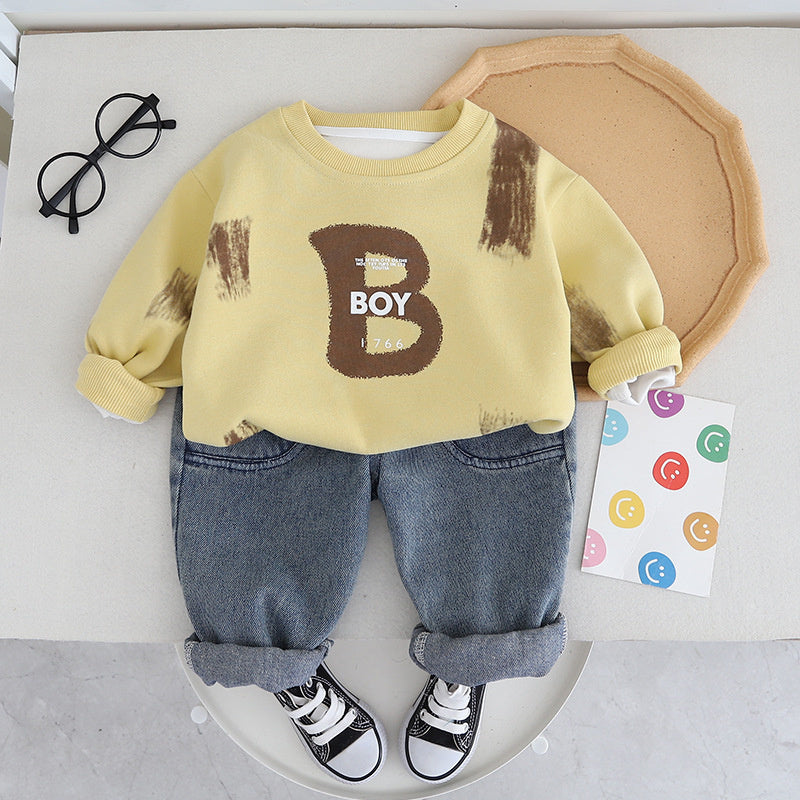Boys' Outfit 2024 New Stylish Children's Clothing Spring and Autumn One-Year-Old Baby Letter Round Neck Two-Piece Set