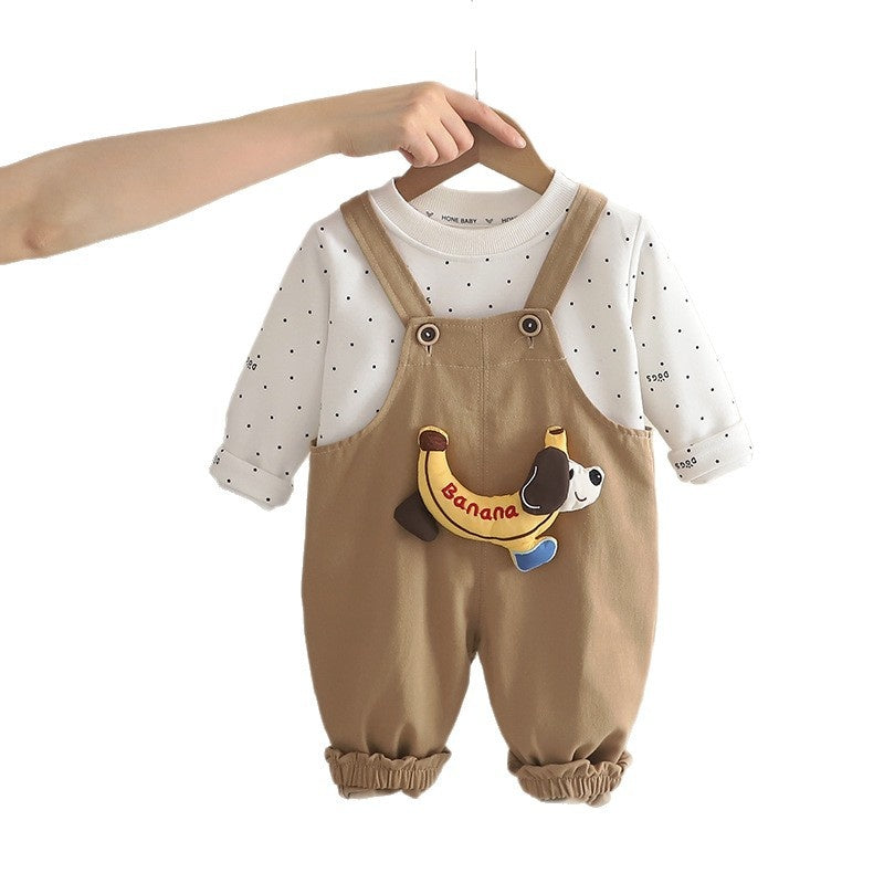 Boys' Outfit 2026 Spring and Autumn Clothes Infant Children's Sweatshirt Baby Banana Dog Overalls Two-Piece Trendy Set