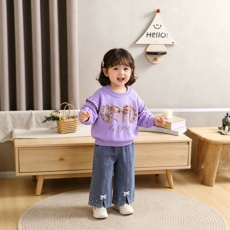 Girls' Autumn Outfit Set 2026 New Fashionable Letter Print Bow Sweatshirt and Pants for Baby Girls 1-2 Years Old