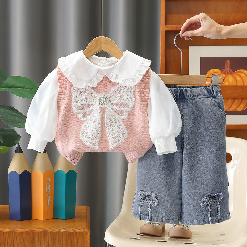 Girls' Outfit: Three-piece Set with Big Bow Sweater, Stylish Fashionable Children's Clothing Spring and Autumn, for 1-year-old baby girls