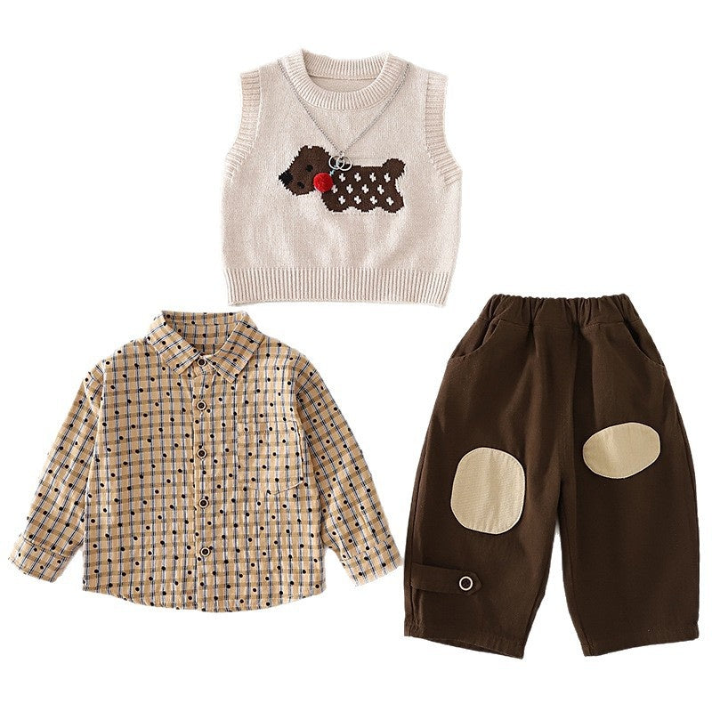Boys' Outfit 2026 New Fashionable Children's Spring and Autumn Cartoon Puppy Sweater Vest Baby Three-Piece Set