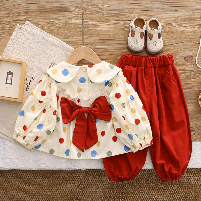 Girls' 2026 New Spring and Autumn Outfit, Stylish Children's Colorful Polka Dot Doll Shirt, Casual Two-Piece Set for Baby Girls