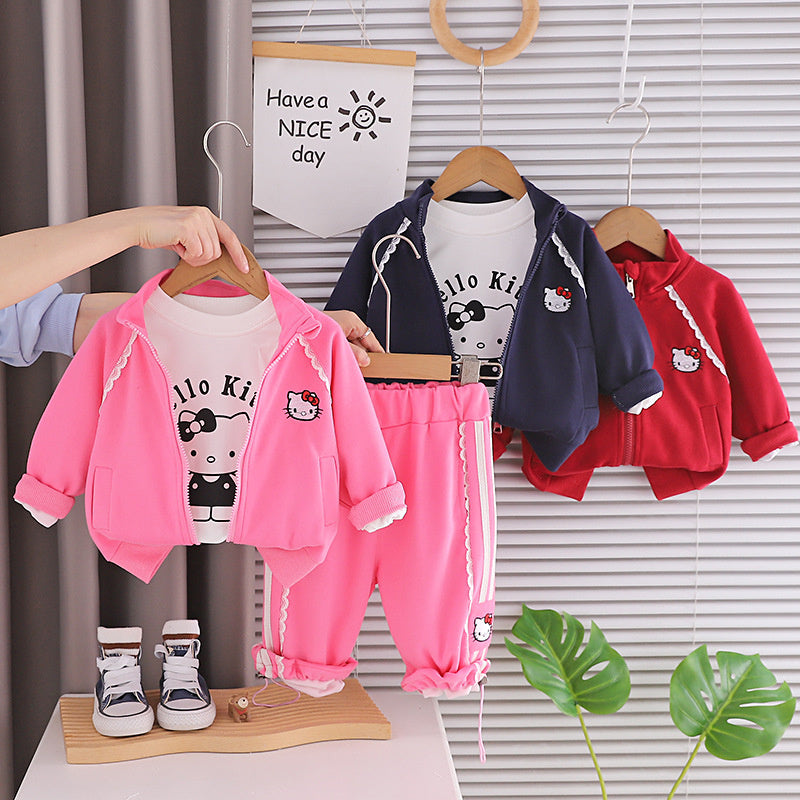 Girls' Outfit: Stylish and Fashionable Lace Embroidered Jacket Three-Piece Set, Baby Spring Cartoon Clothes, Trendy Infant Clothing