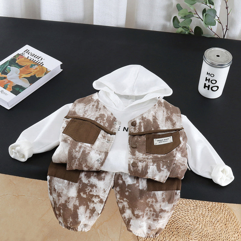 Boys' Outfit 2026 New Spring and Style Children's Fashionable Hooded Sweatshirt Baby Autumn Tie-Dye Vest Three-Piece Set