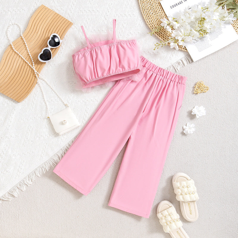 2024 European American Fashion Summer Girls' Outfit: Toddler Young Girl's Two-Piece Set with Floral Mesh Camisole and Trousers