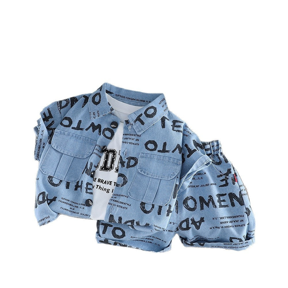 Boys' Summer Set 2026 New Stylish Baby Clothes Full-Print Letter Denim Short-Sleeve Three-Piece Trendy Outfit