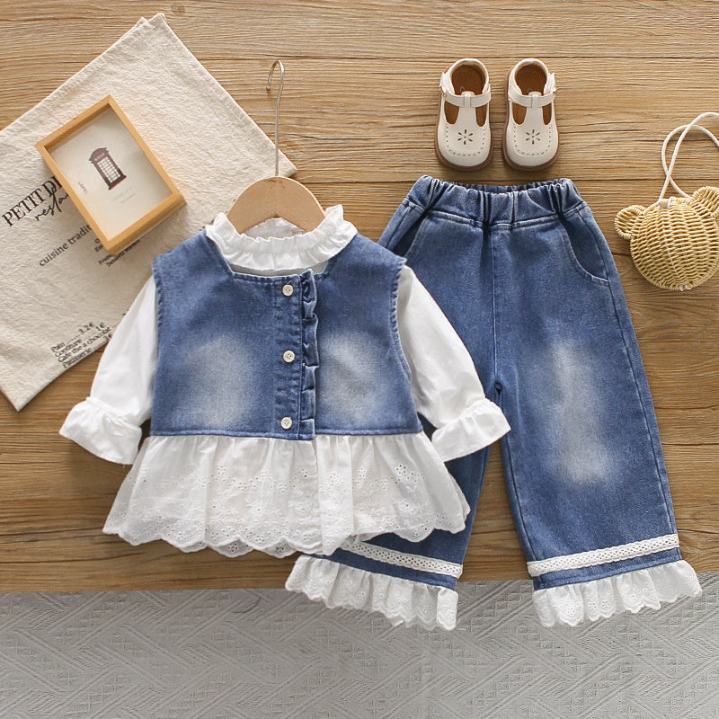 Girls' Outfit 2026 New Fashionable Spring and Autumn Pants, Baby Girl Denim Skirt, Long Sleeve Three-Piece Set