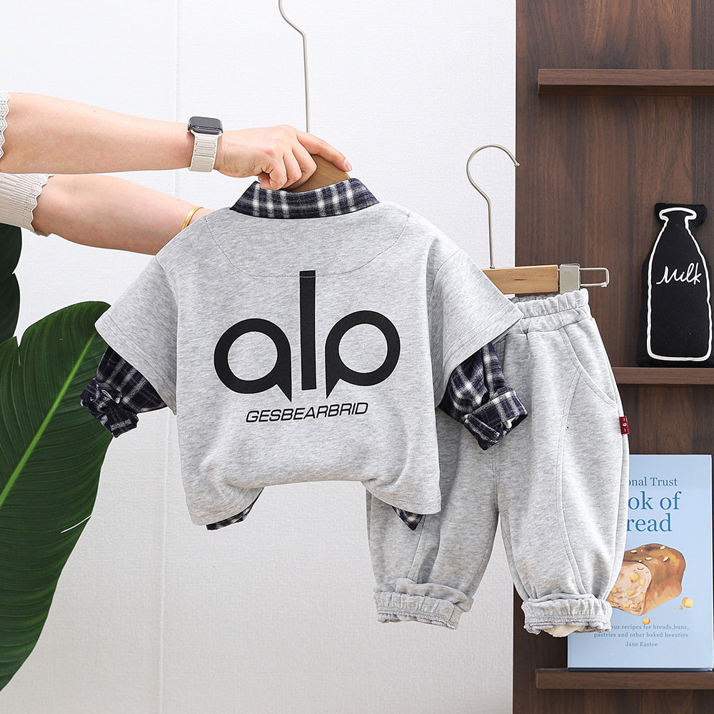 Boys' Autumn 2026 New Style Baby Boy Spring Outfit Stylish Plaid Shirt Long Sleeve Three-Piece Set for Infants and Children