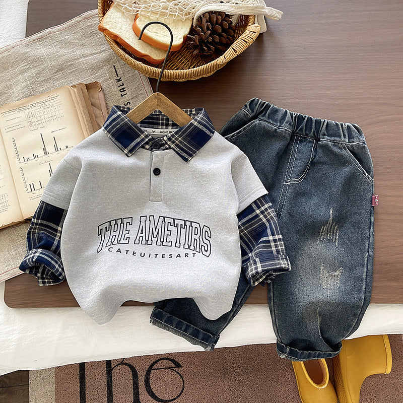 Boys' plaid shirt set 2026 new fashion stylish children's clothing for 1-year-old infants spring and autumn handsome baby boy outfit