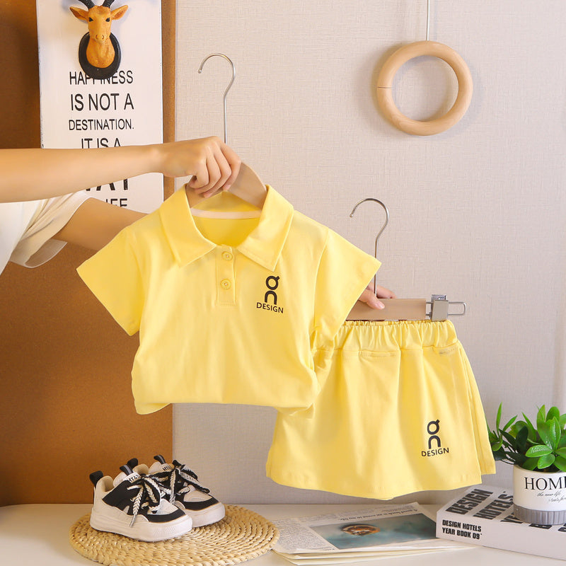 Children's Summer Outfit 2026 New Fashionable Girls' Baby Trendy Clothing Solid Color Short Sleeve Shorts Two-Piece Set