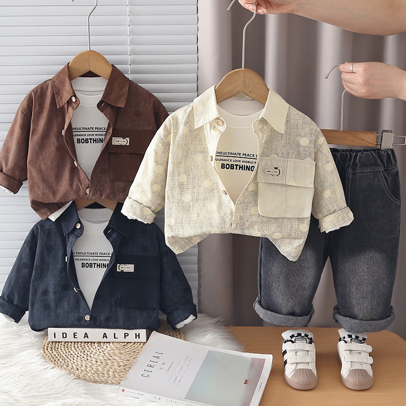 Boys' Spring and Outfit 2026 New Fashionable Casual Polka Dot Three-Piece Set Children, Trendy Autumn Jacket for Babies
