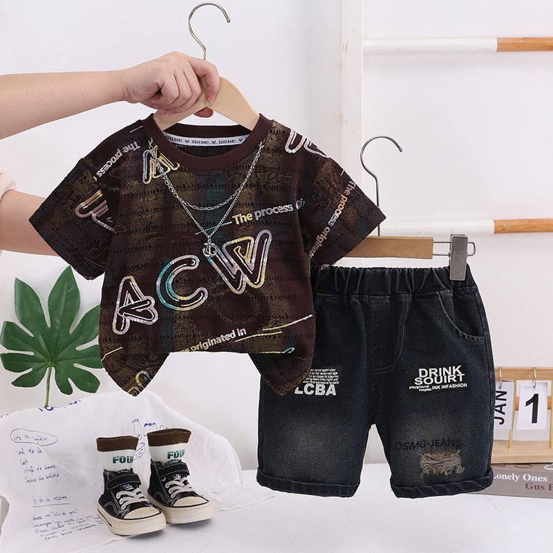 Outfit Children's 2026 New Necklace Letter Short Sleeve Boys Clothes Baby Summer Two-Piece Set