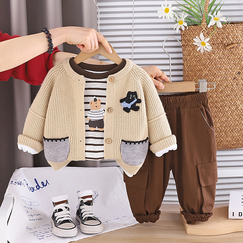 Baby boy outfit for 1-3 year olds, stylish children's spring and autumn two-pocket cat three-piece set
