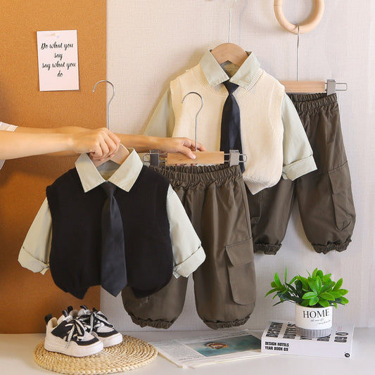 2026 New Boys' Outfit Baby Spring and Autumn Tie Sweater Three-Piece Set Infant Toddler Clothing Trendy