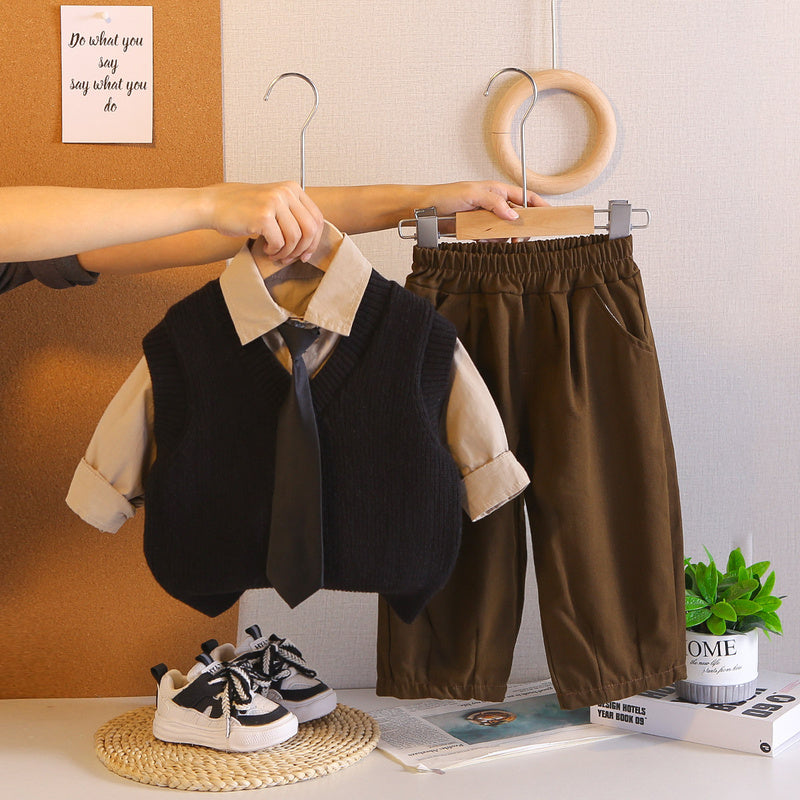Baby Boy Outfit 2026 New Casual Stylish Children's Boys' Spring and Autumn V-neck Sweater Three-piece Set