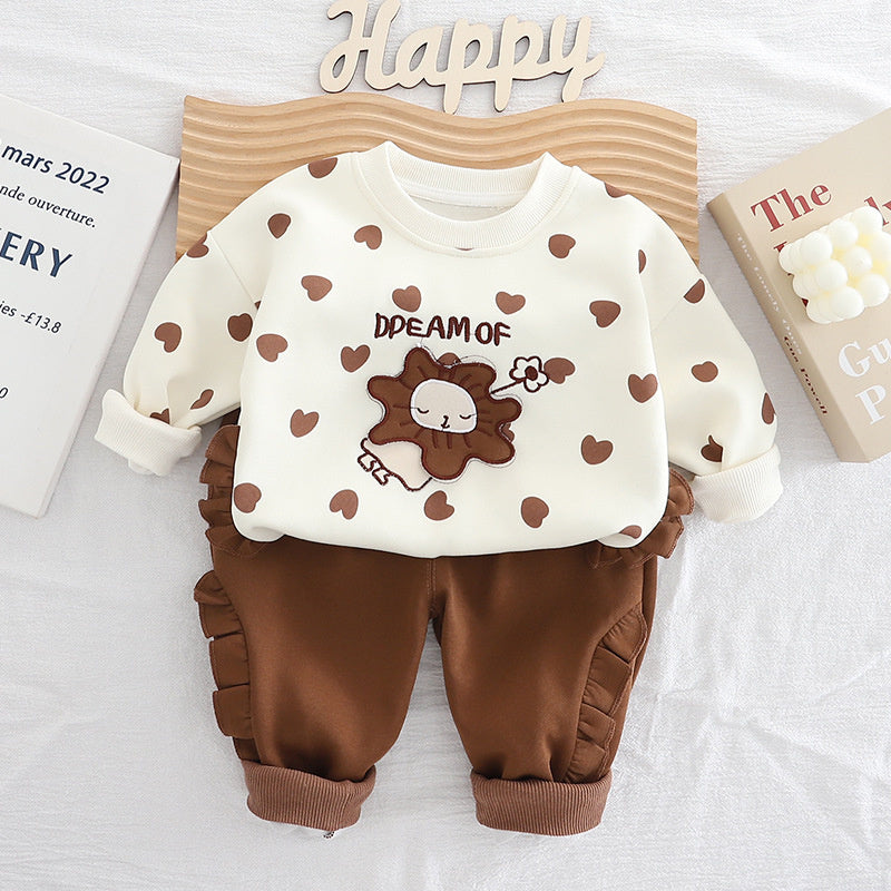Girls' Outfit 2025 New Stylish Full Print Heart Round Neck Two-Piece Set Baby Spring Autumn Sweatshirt Children's Trendy