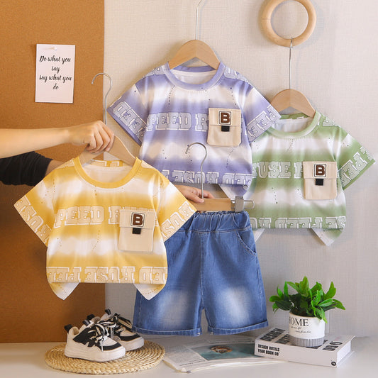 Summer Outfit with Letter Print Round Neck Set 2026 New Fashionable Boys' Clothes for 1-3 Year Olds, Children's Short Sleeve Trendy Wear