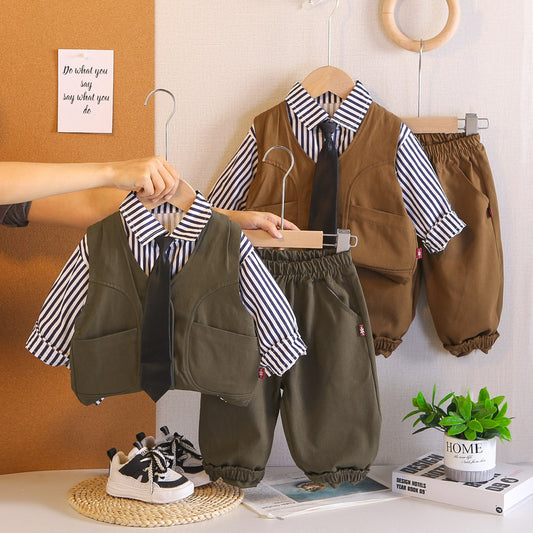 Boys' Tie Workwear Vest Three-Piece Set, Stylish and Autumn Clothes for Kids, Spring Outfit, Trendy Children's Clothing