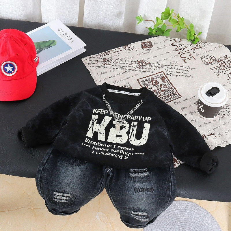 Boys' Spring and Autumn Outfit 2026 New Fashionable Infant Children's Clothing Baby Casual Long Sleeve Two-Piece Set with Chain