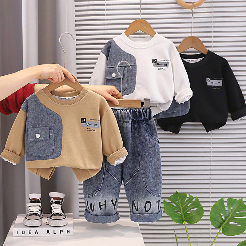 Boys' Autumn Outfit 2026 New Denim Patchwork Sweatshirt Two-Piece Set Stylish Toddler Clothes for Children