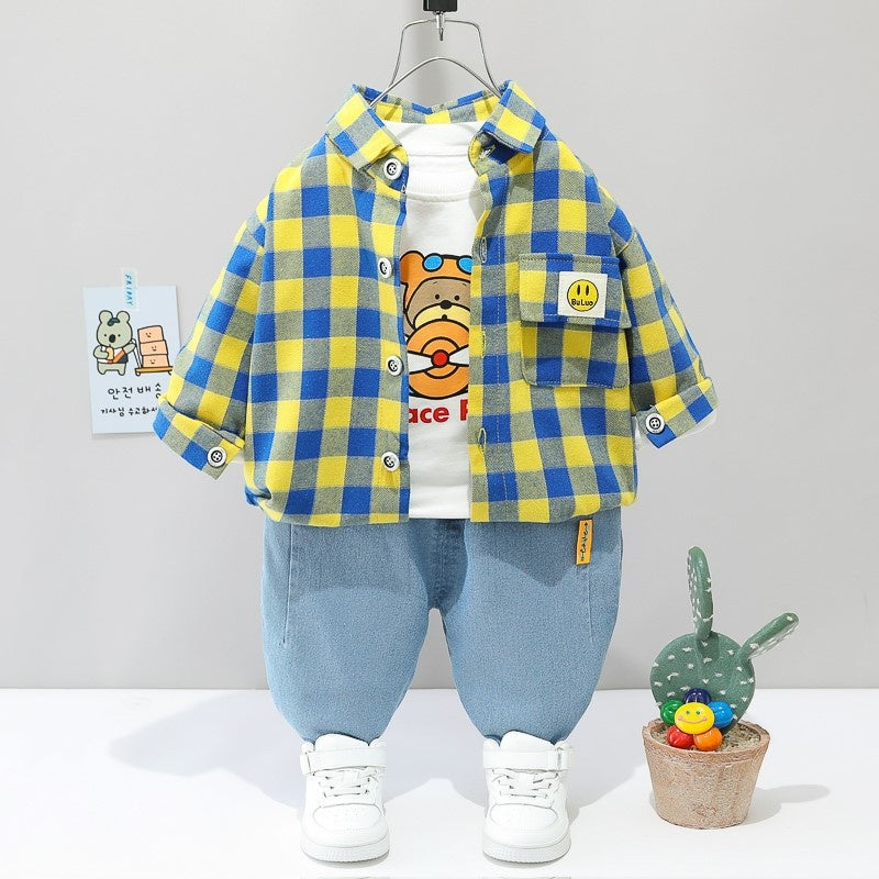 Children's Outerwear Baby Girls Spring and Autumn Outfit 1-4 Years Old Foreign Trade Boys Plaid Shirt Denim Three-Piece Set 2
