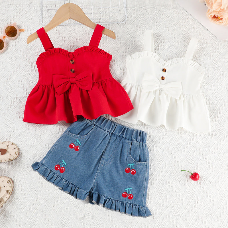 Exclusive for cross-border foreign trade: Girls' summer ruffled camisole top + embroidered denim pocket shorts set