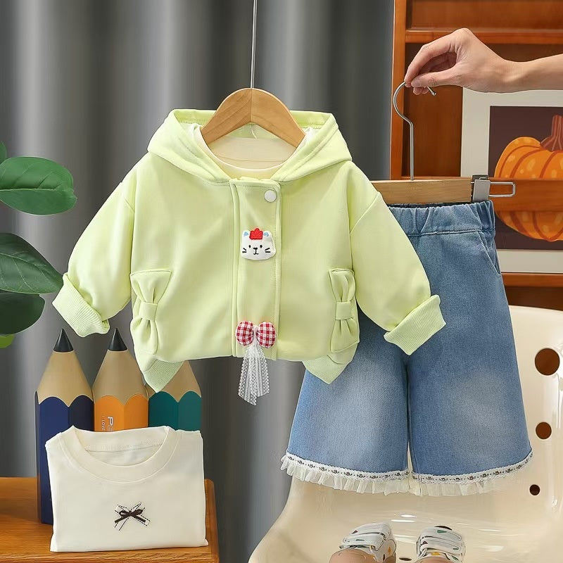 Girls' Spring Outfit 2026 New Fashionable Children's Crown Cat Three-Piece Set Little Girl Clothes Baby Coat