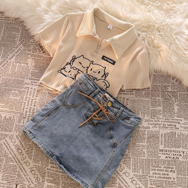 Girls' Sweet Style Streetwear Set Summer 2024 New Short POLO Collar Top and Denim Skirt Trendy Outfit