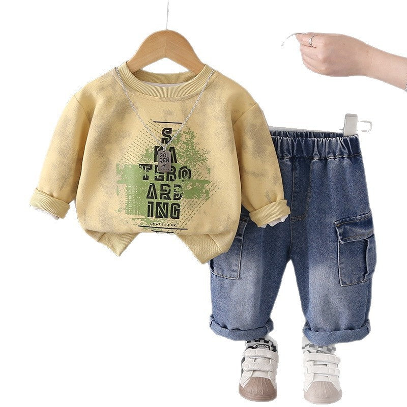 Boys' Spring and Autumn Outfit 2026 New Fashionable Casual Wear for Babies, Children's Letter Sweatshirt Two-Piece Set Trendy
