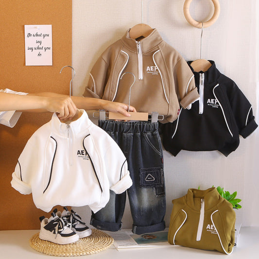 Boys' Outfit 2026 New Fashionable Two-Piece Set Baby Spring and Autumn Casual Half-Zip Sweatshirt Toddler Sportswear